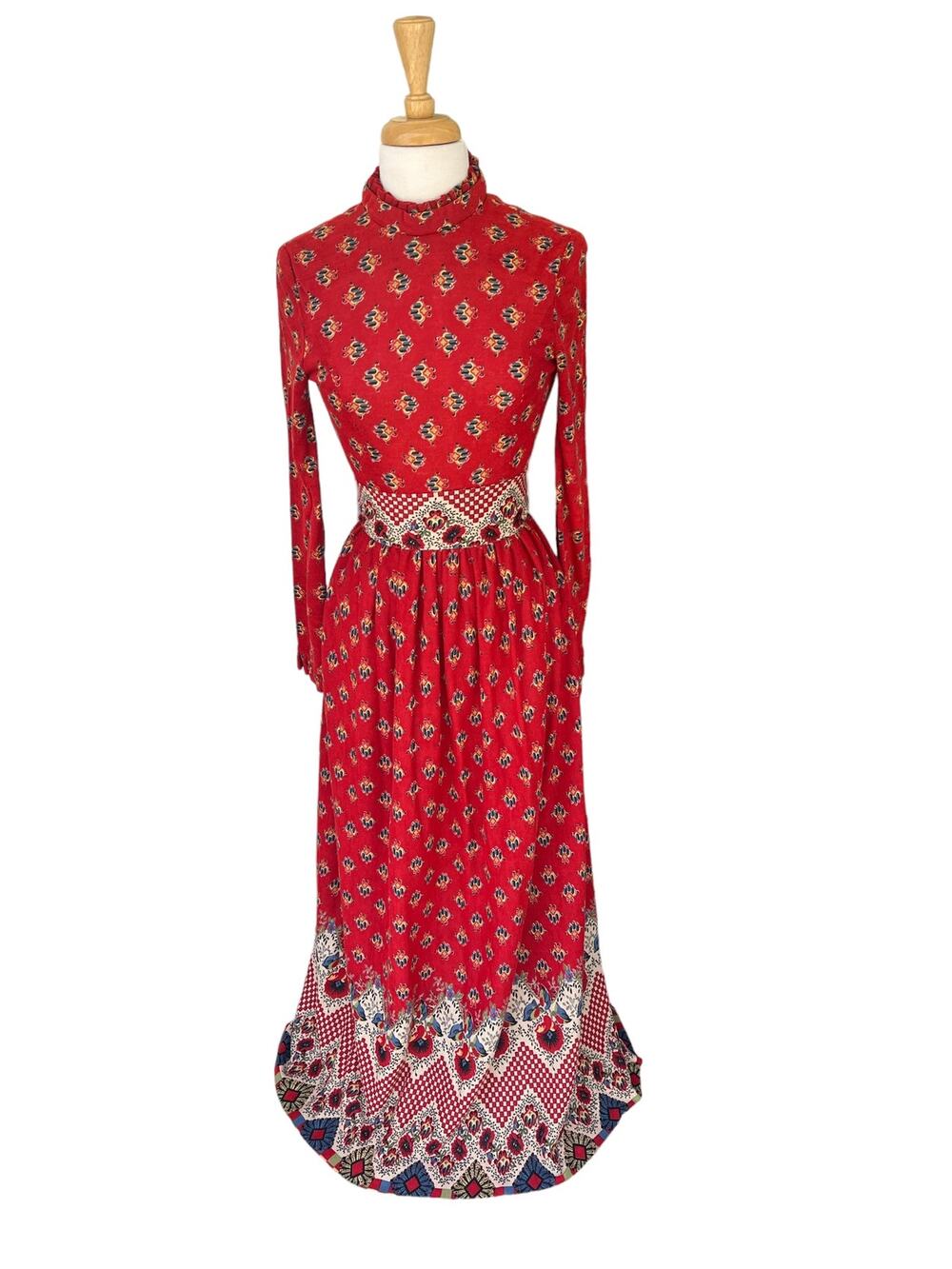VTG Victor Costa Maxi Dress Long Sleeve Red Paisley Zip Modest Boho Romantic 8